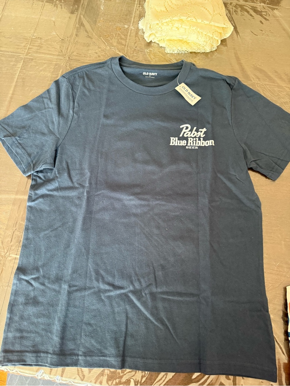 Old Navy Navy Short-Sleeve Tee with Pabst Blue Ribbon Chest Logo